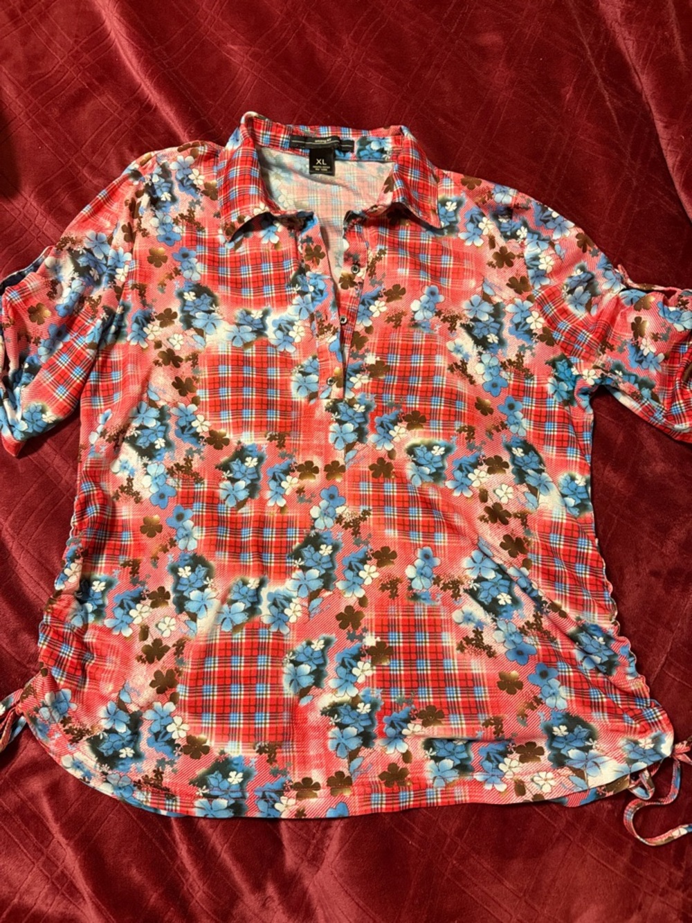 Casual Red Plaid Button-Down Shirt with Blue Floral Print
